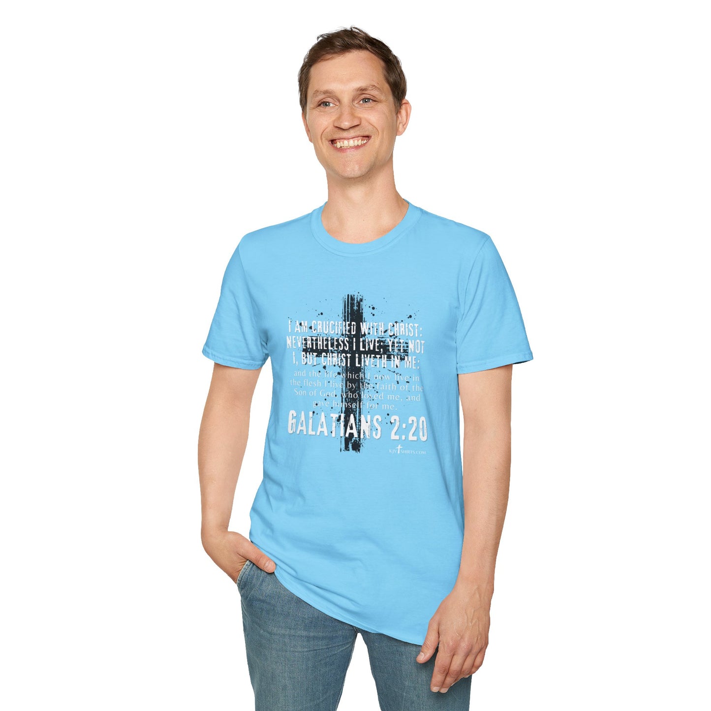 I am crucified with Christ, Galations 2:20 KJV; Unisex Softstyle T-Shirt