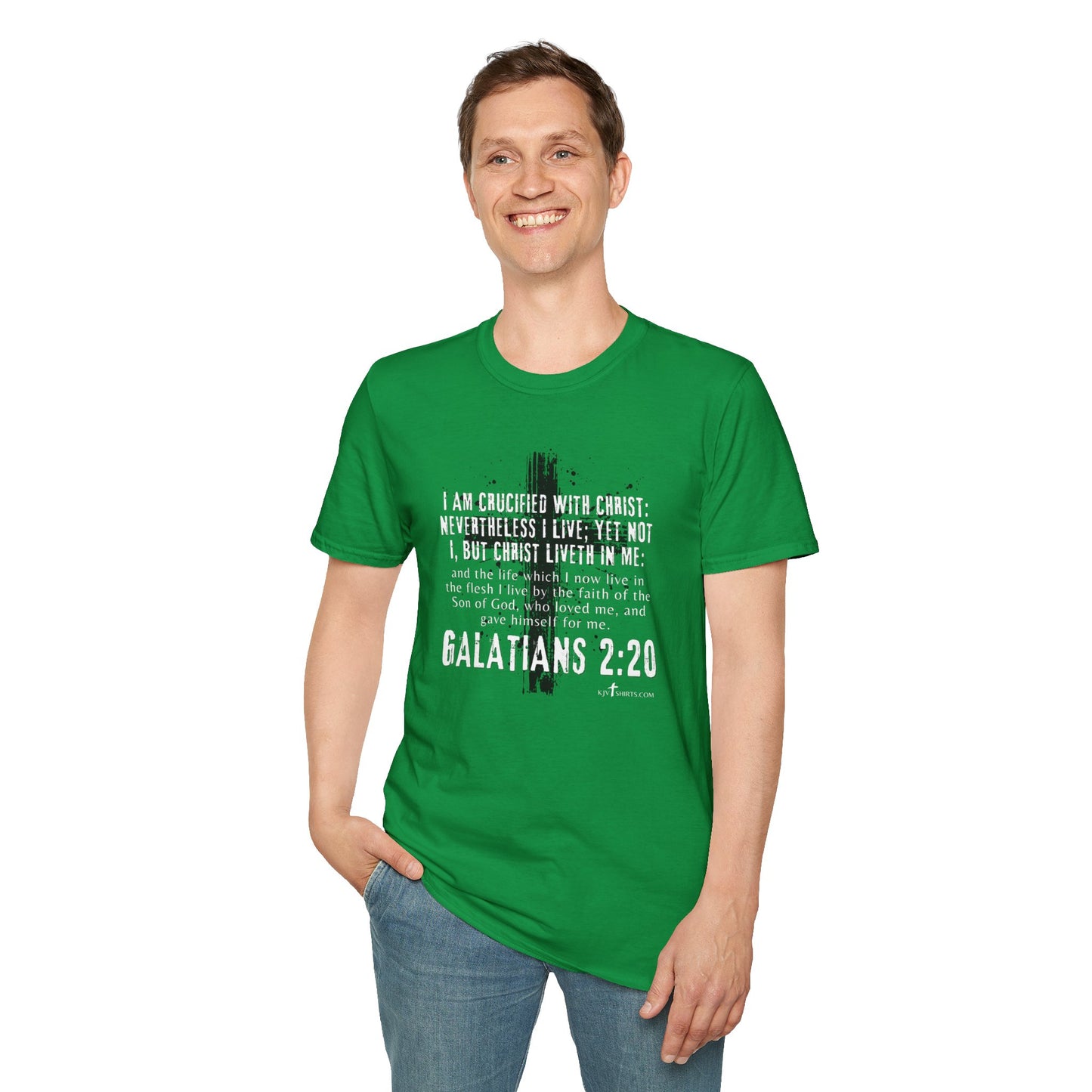 I am crucified with Christ, Galations 2:20 KJV; Unisex Softstyle T-Shirt