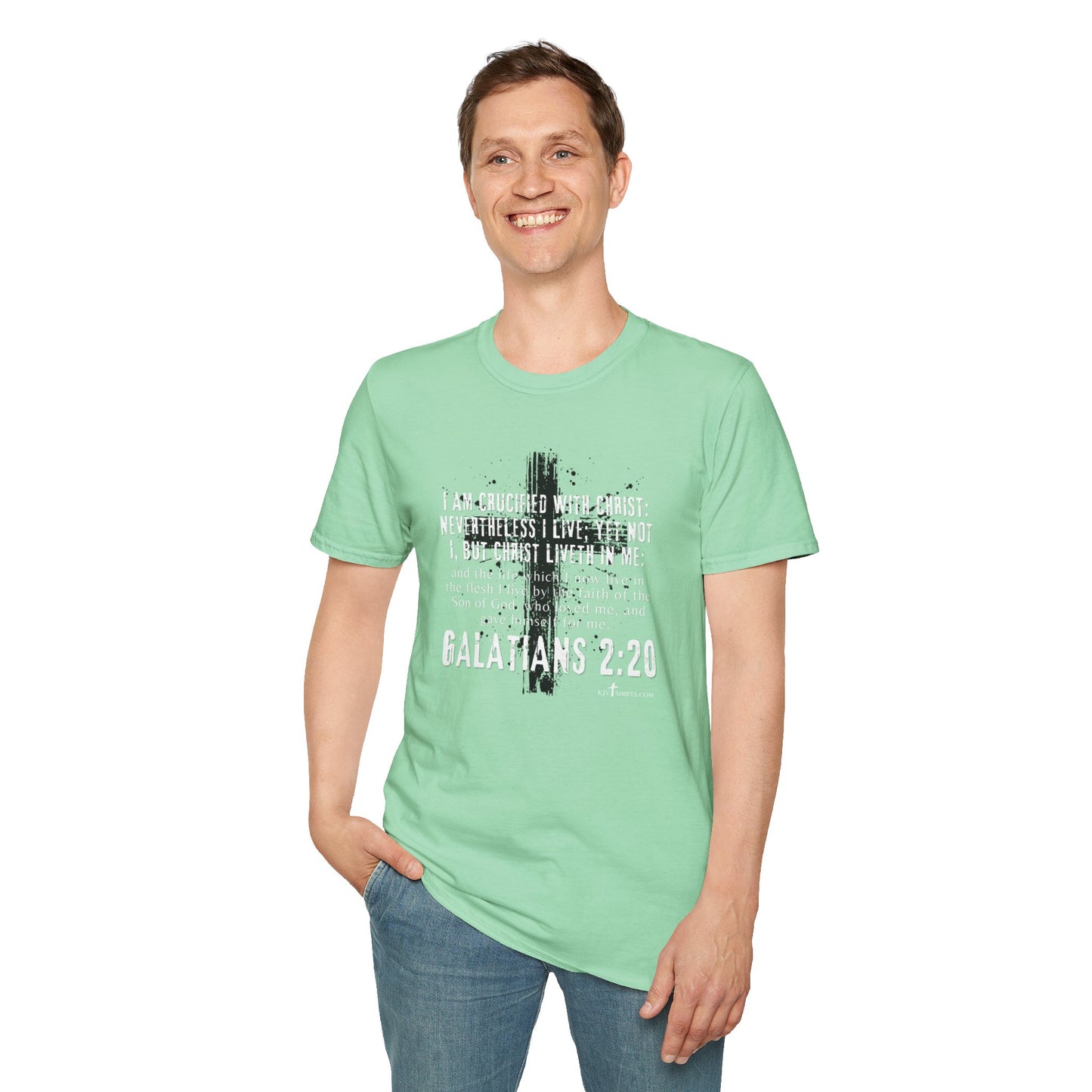 I am crucified with Christ, Galations 2:20 KJV; Unisex Softstyle T-Shirt