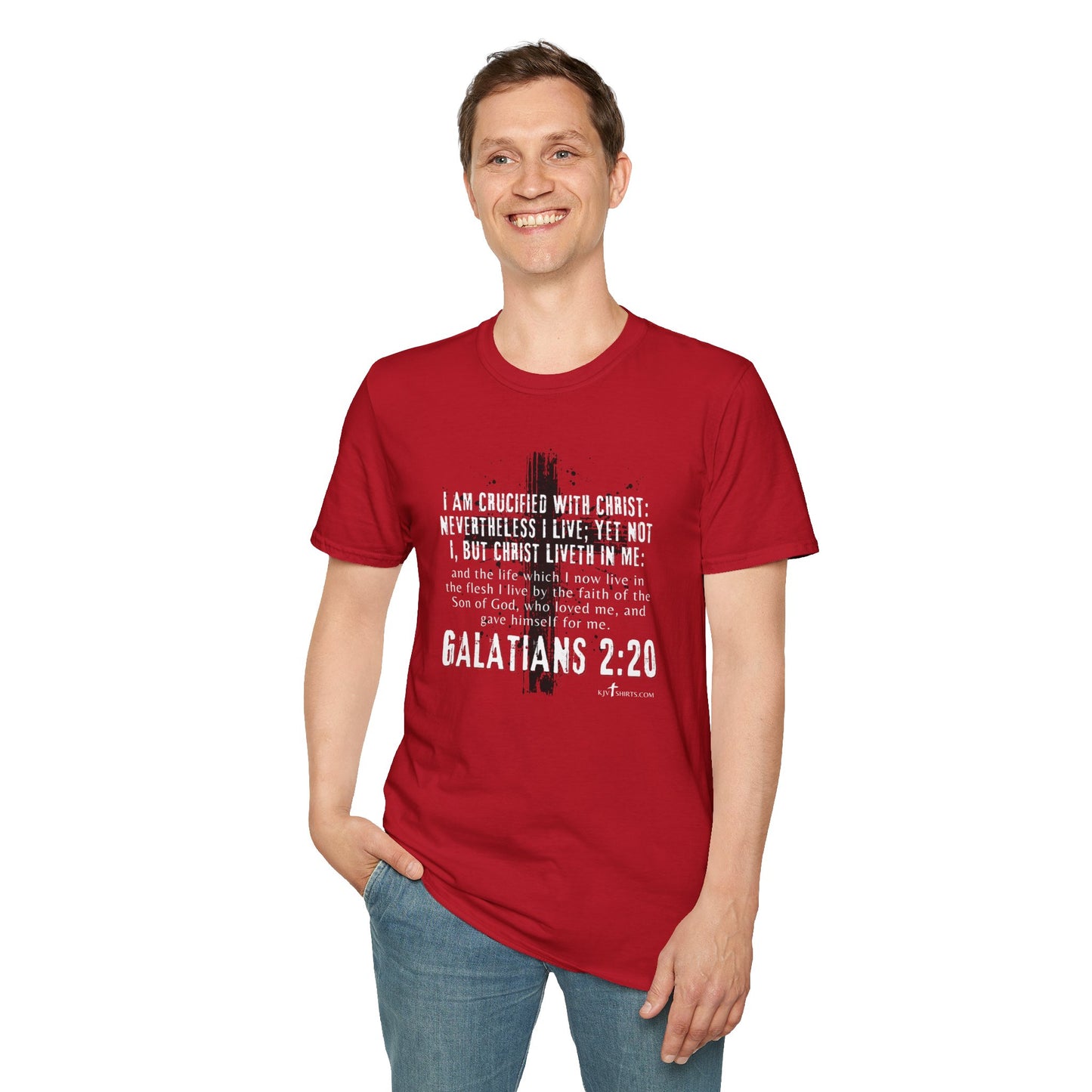 I am crucified with Christ, Galations 2:20 KJV; Unisex Softstyle T-Shirt