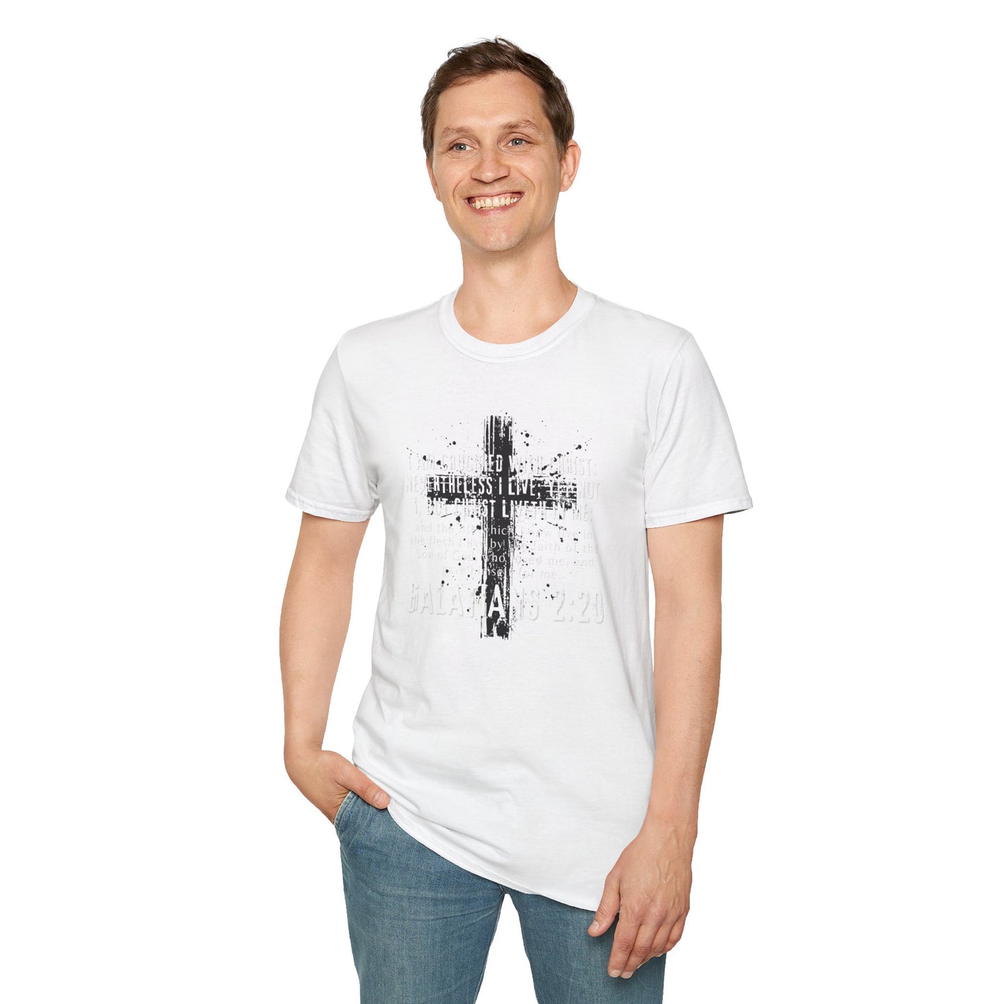 I am crucified with Christ, Galations 2:20 KJV; Unisex Softstyle T-Shirt