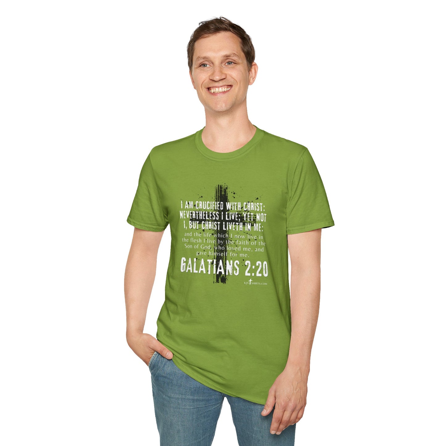 I am crucified with Christ, Galations 2:20 KJV; Unisex Softstyle T-Shirt