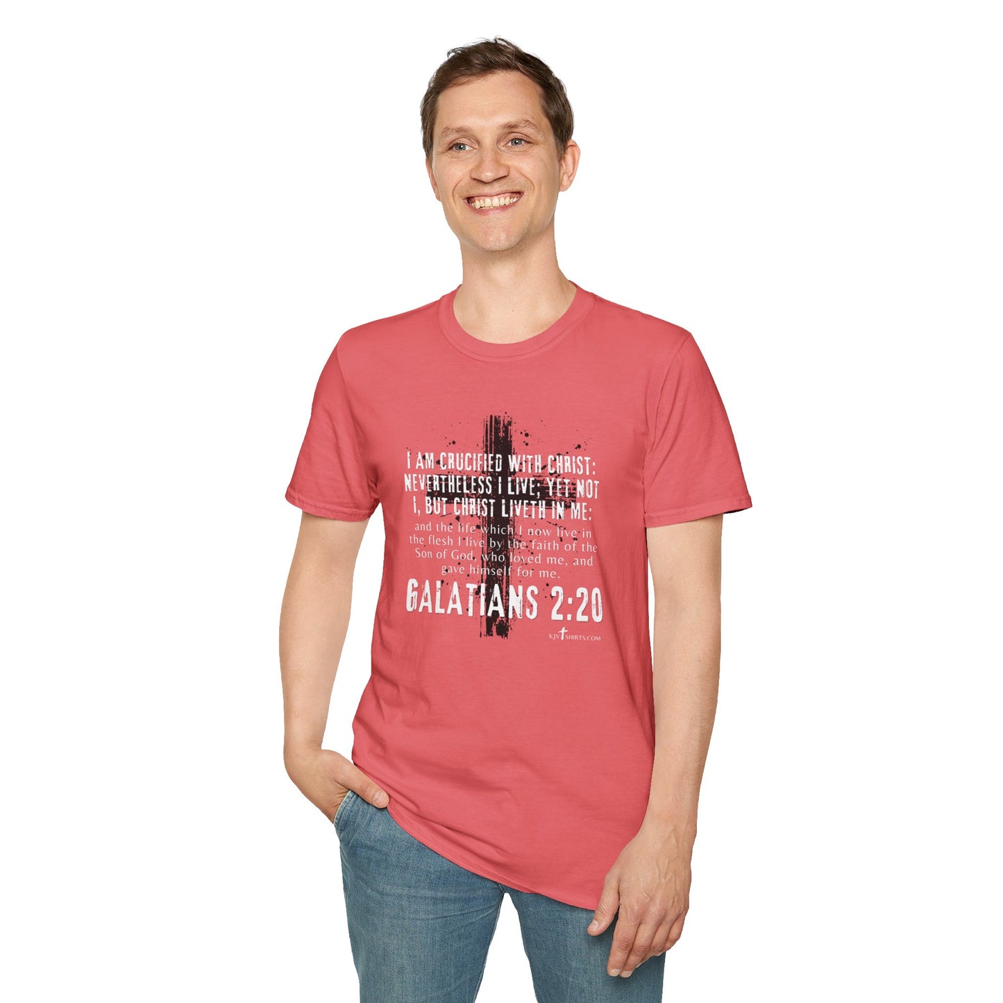 I am crucified with Christ, Galations 2:20 KJV; Unisex Softstyle T-Shirt