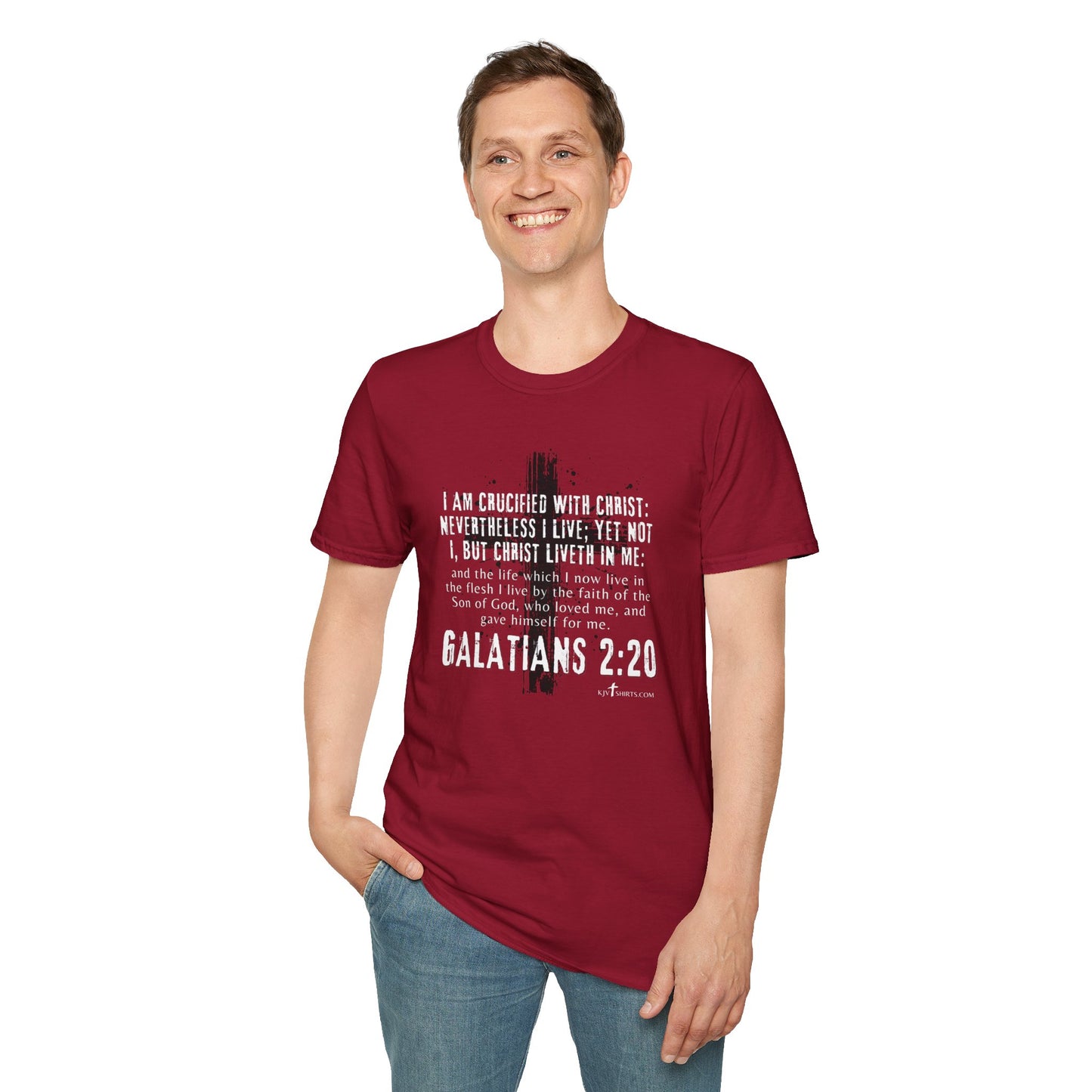 I am crucified with Christ, Galations 2:20 KJV; Unisex Softstyle T-Shirt