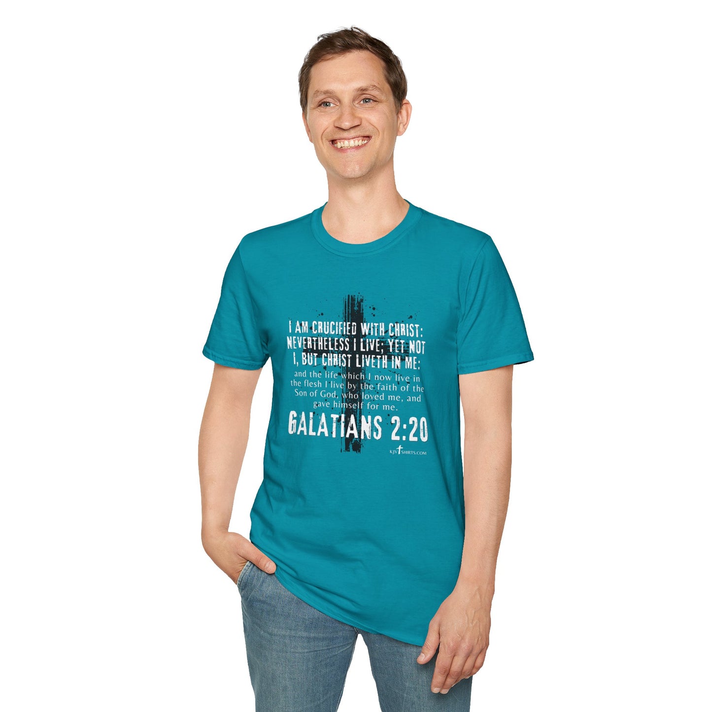 I am crucified with Christ, Galations 2:20 KJV; Unisex Softstyle T-Shirt